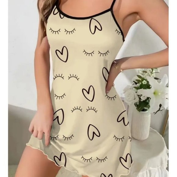 Eyelash Print Lettuce Trim Slip Nightdress, Round Neck Spaghetti Strap Easy Care - Picture 1 of 4